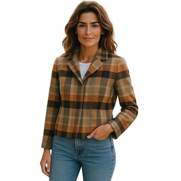 Jones New York Y2K Wool Plaid Zip Up Blazer Beige Size 4 Preppy Countryside Chic - Picture 1 of 13